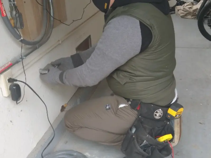 Electrician performing outlet wiring in a Lower Windsor garage